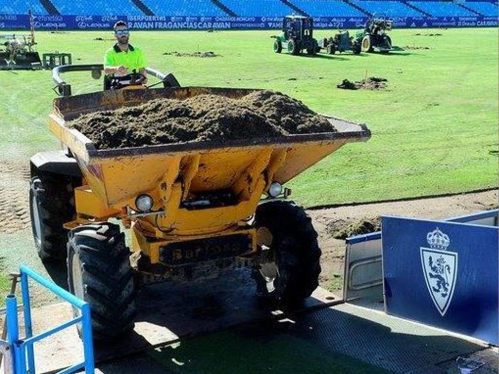 Las máquinas ya están en plena fase de arrancar la vieja hierba de La Romareda.