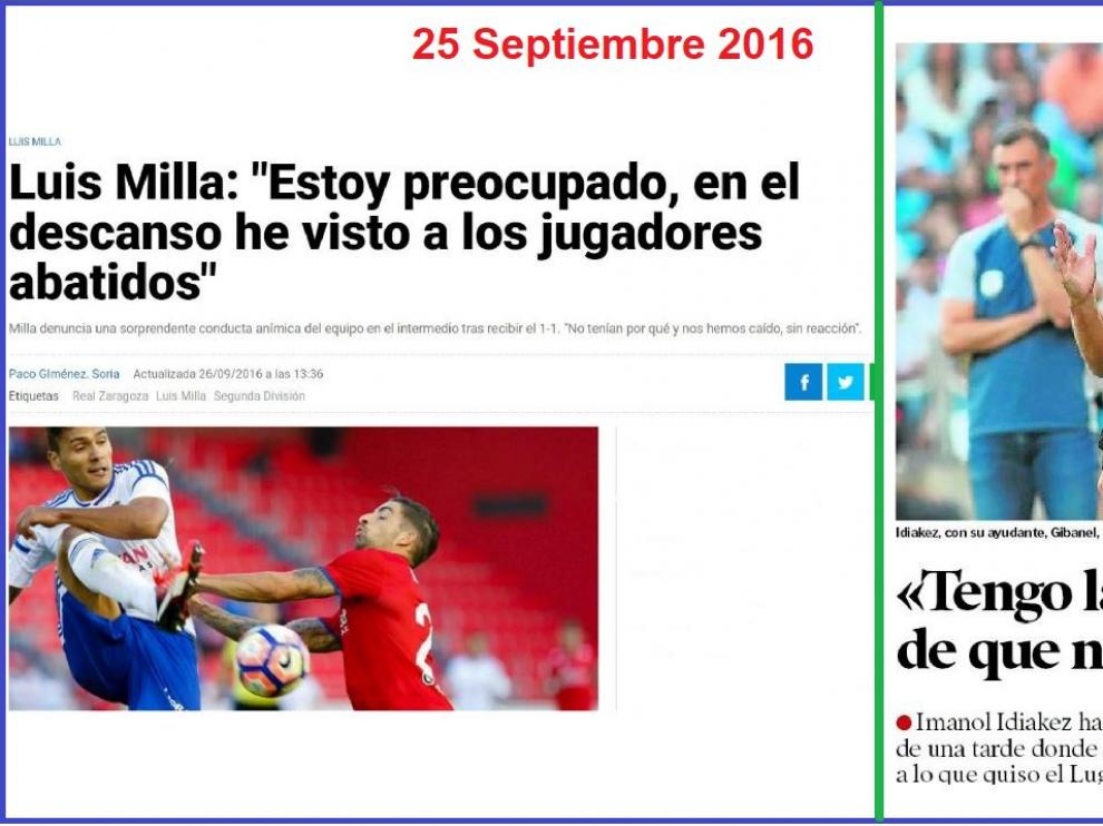 Reseñas de Heraldo de Aragón de las ruedas de prensa de Milla, hace dos años en Soria, y la de Idiakez, este sábado en La Romareda.
