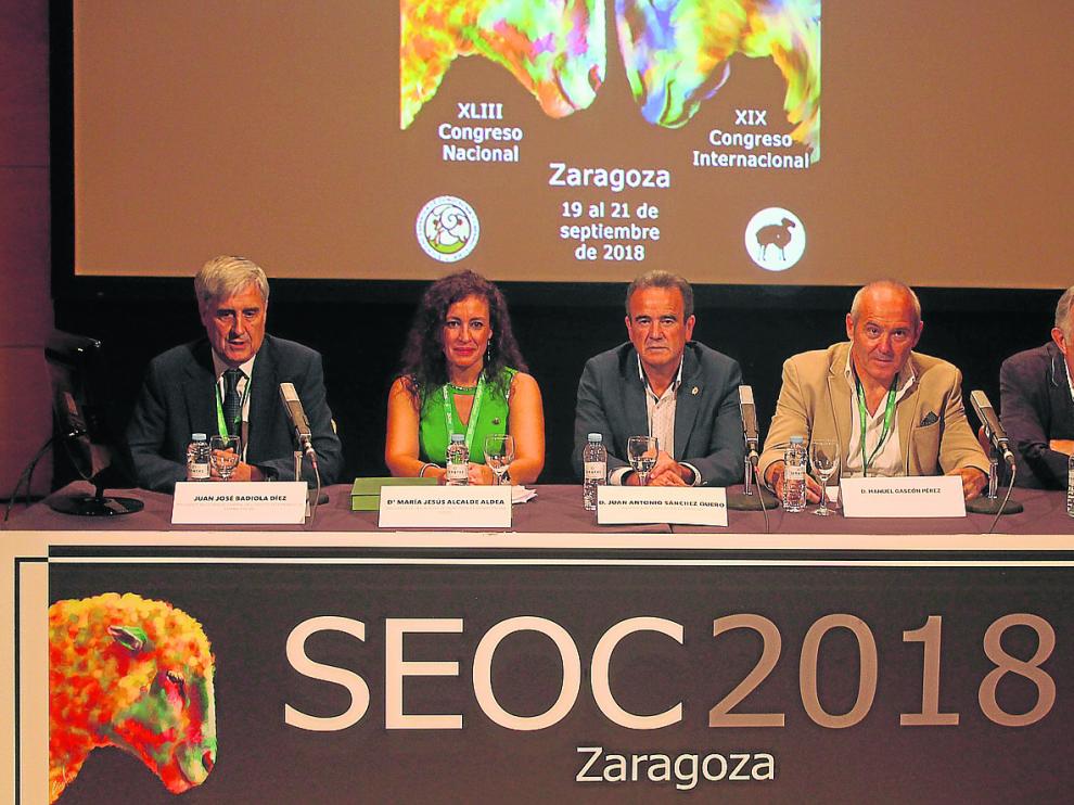 Juan José Badiola, pdte. de CGCVE; María Jesús Alcalde, pdta. de SEOC; J. Antonio Sánchez Quero, pdte. de la Diputación de Zaragoza; Manuel Gascón, decano de Veterinaria de Unizar y Enrique Novales, director general en la Consejería de Desarrollo Rural y Sostenibilidad.