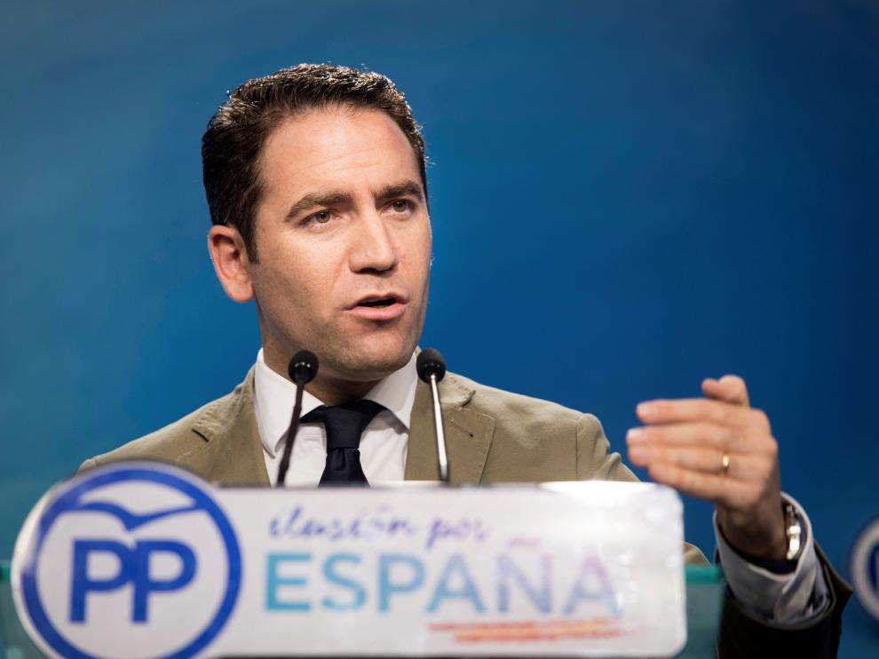 El secretario general del PP, Teodoro García Egea, durante la rueda de prensa celebrada en la sede del PP en Madrid.
