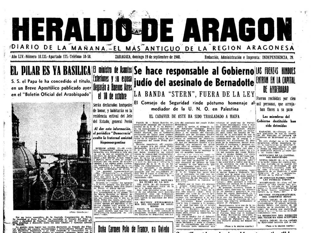 Portada de Heraldo de Aragón del anuncio de la concesión del título de basílica del Pilar