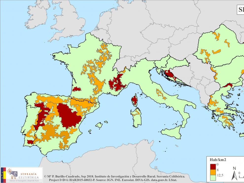Mapa con las zonas más despobladas del sur de la UE elaborado por Serranía Celtibérica.