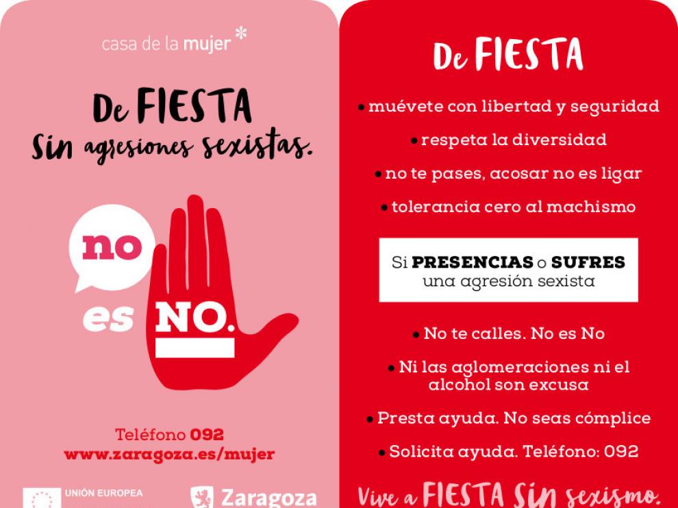 Campaña del Ayuntamiento de Zaragoza contra las agresiones sexuales en las Fiestas del Pilar.