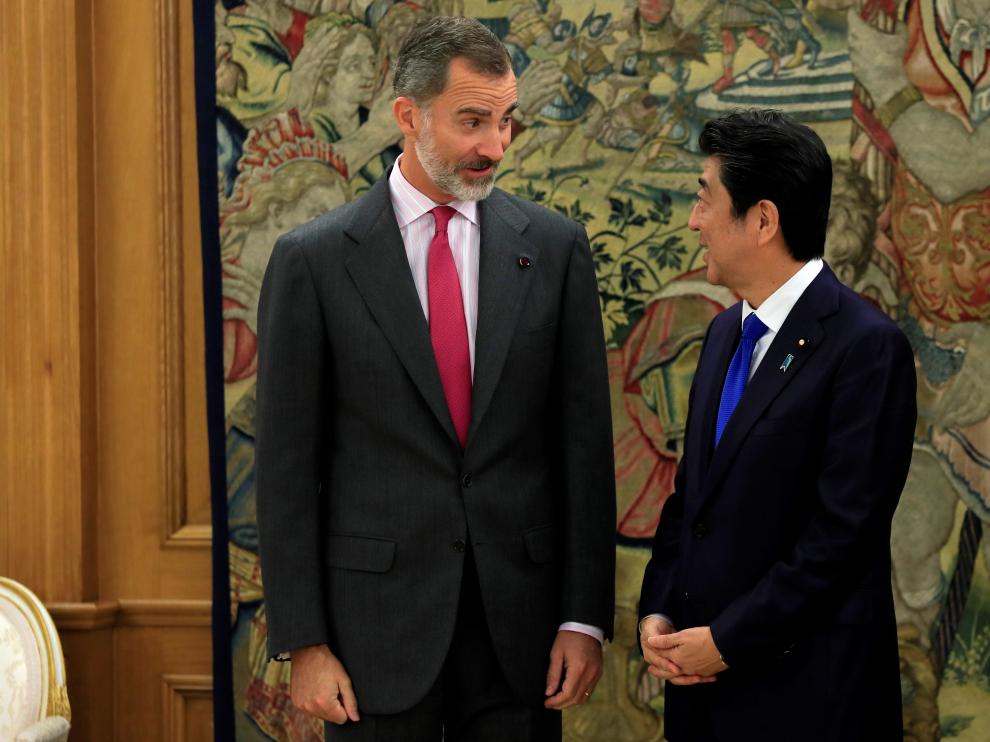 El Rey y Shinzo Abe, este martes en el palacio de La Zarzuela.