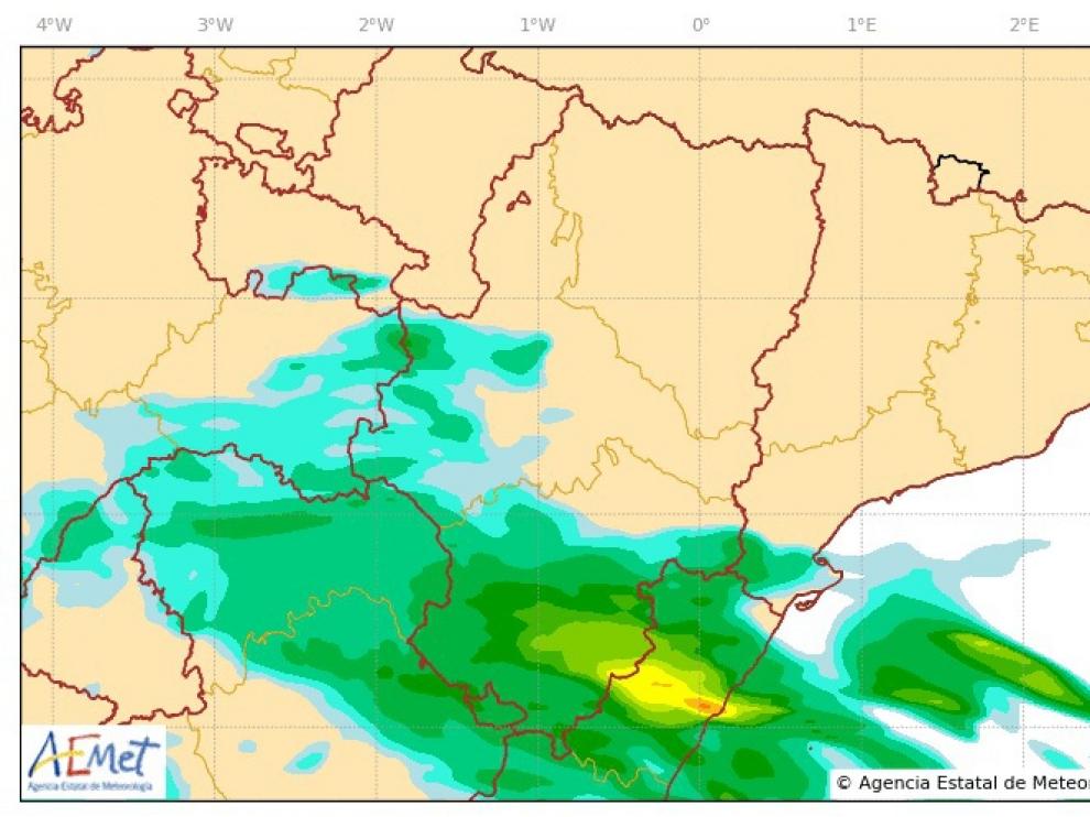 Lluvias previstas por la Aemet para en la noche del jueves entre las 2.00 y las 3.00.