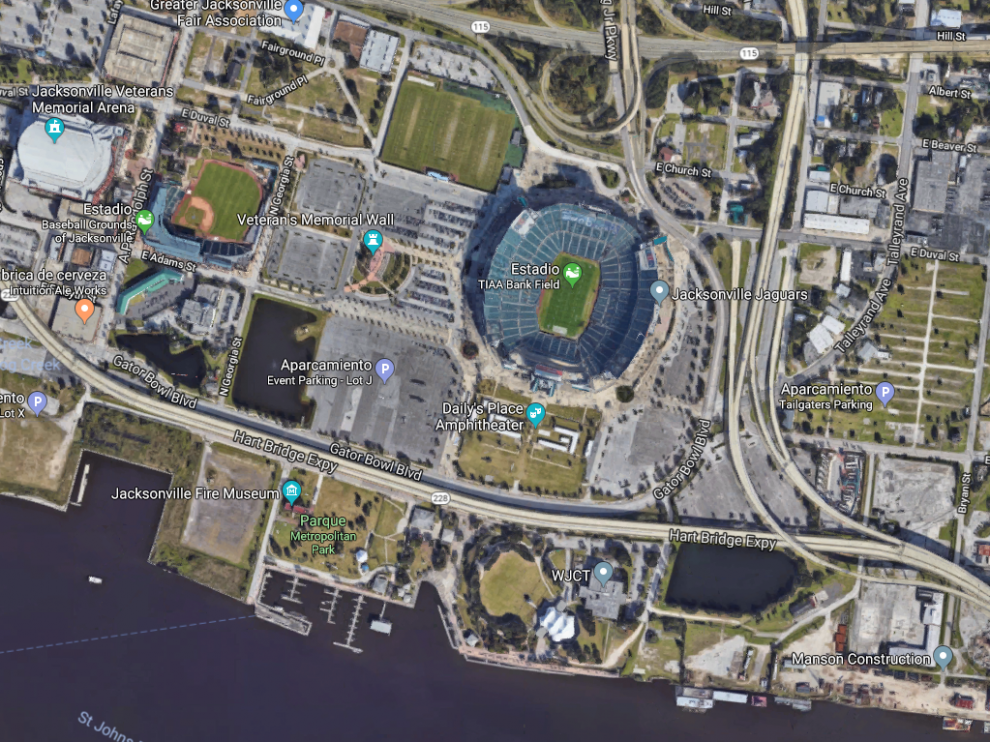 Zona aproximada donde se el tiroteo, cerca del estadio de los Jacksonville Jaguars.