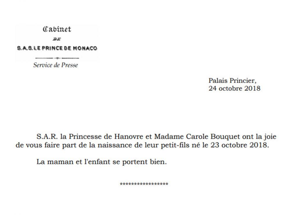 Comunicado oficial del nacimiento del último nieto de Carolina de Mónaco.