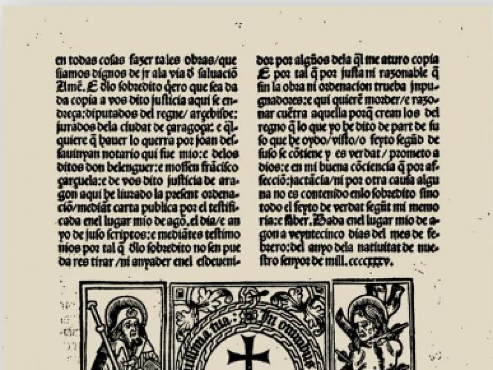 Página de los Fueros del Reino de Aragón, otro libro de gran relevancia impreso en Zaragoza en el siglo XV por Pablo Hurus