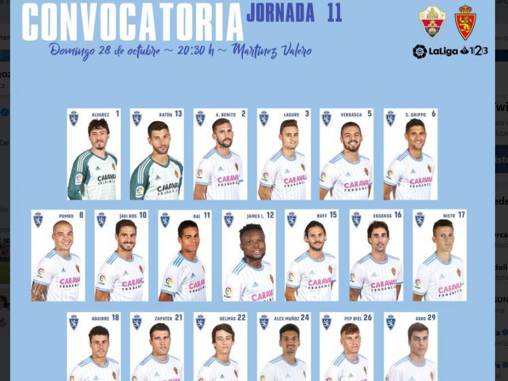 Lista de 19 jugadores del Real Zaragoza para el partido de Elche.