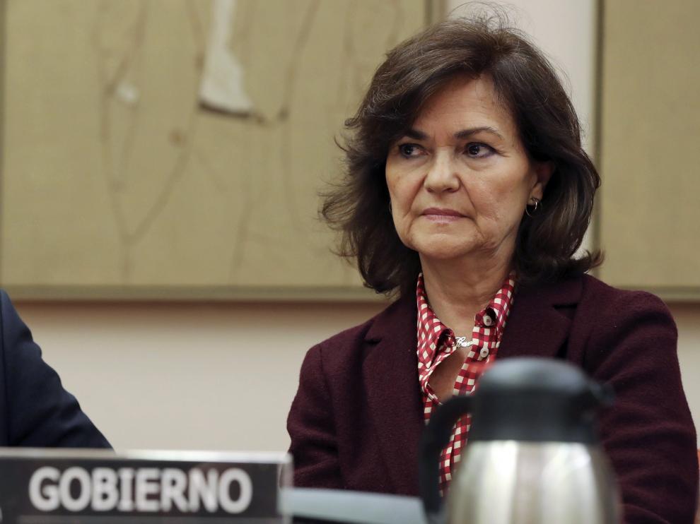 Carmen Calvo en la comisión para la auditoria democrática y de lucha contra la corrupción.