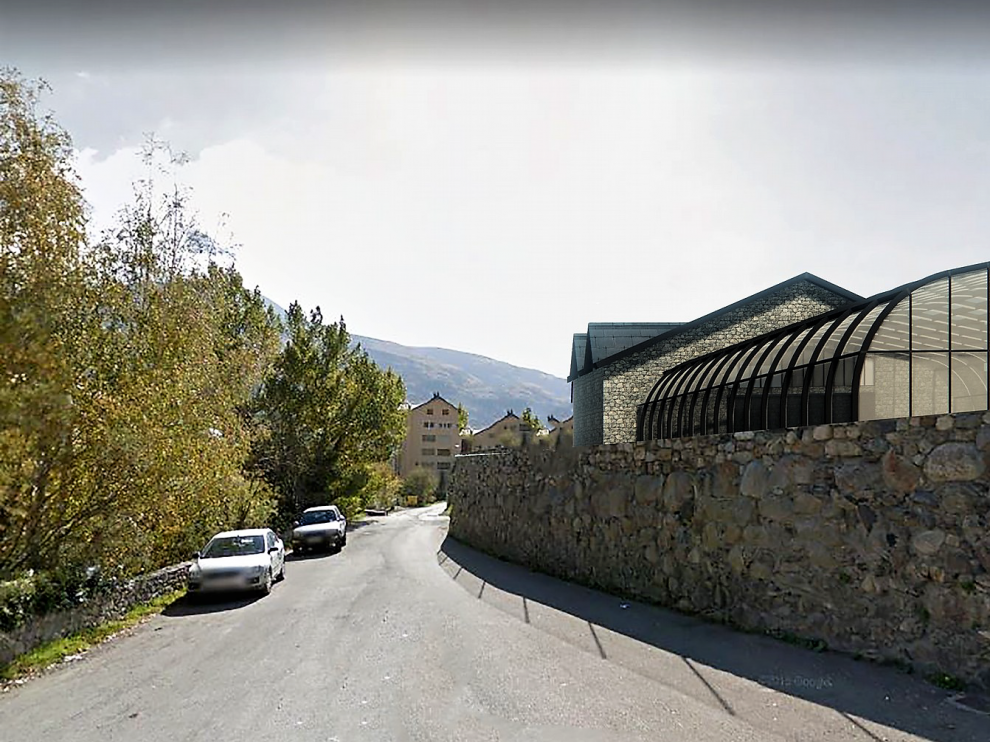 Imagen virtual de la piscina de Benasque cubierta, con el nuevo edificio adosado a ella.