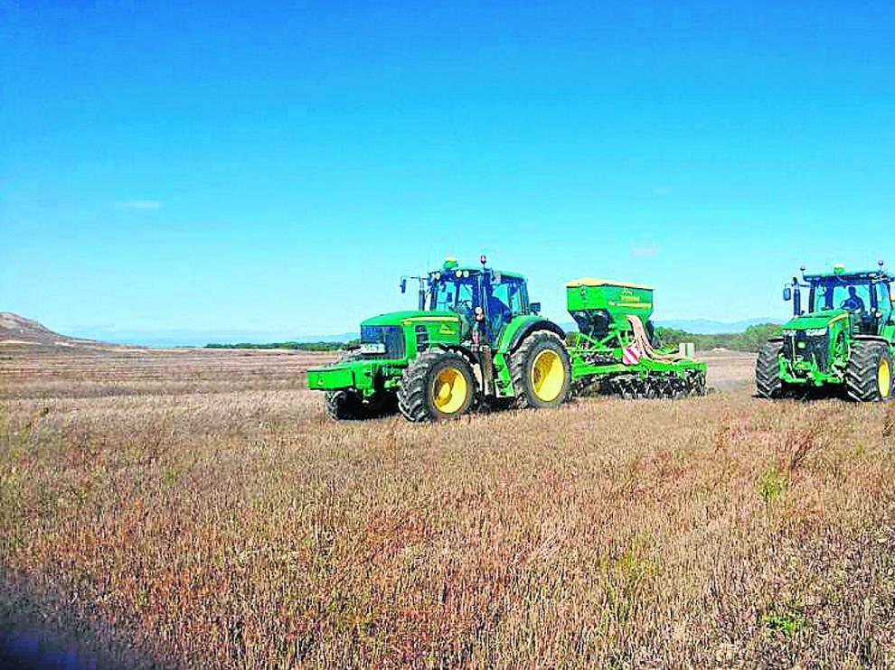 Siembra de cereal de invierno esta semana en una explotación de la localidad oscense de Robres, en la comarca de Los Monegros.