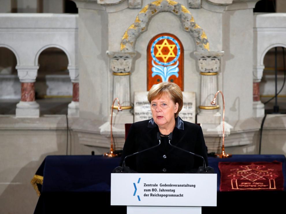 Angela Merkel durante el acto conmemorativo de los 80 años de la Noche de los Cristales Rotos.