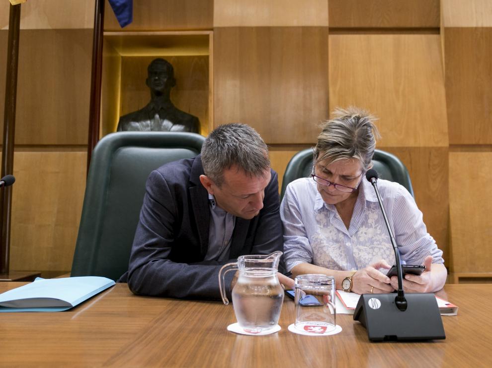 Fernando Rivarés y la directora general de Economía, Ana Sanromán, en la comisión de este martes.