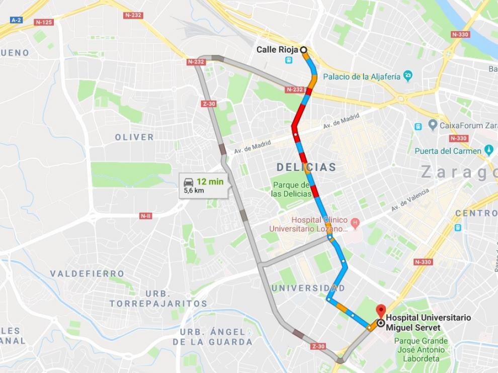 Trayecto que realizó la familia de Utebo escoltada por la Policía Local.