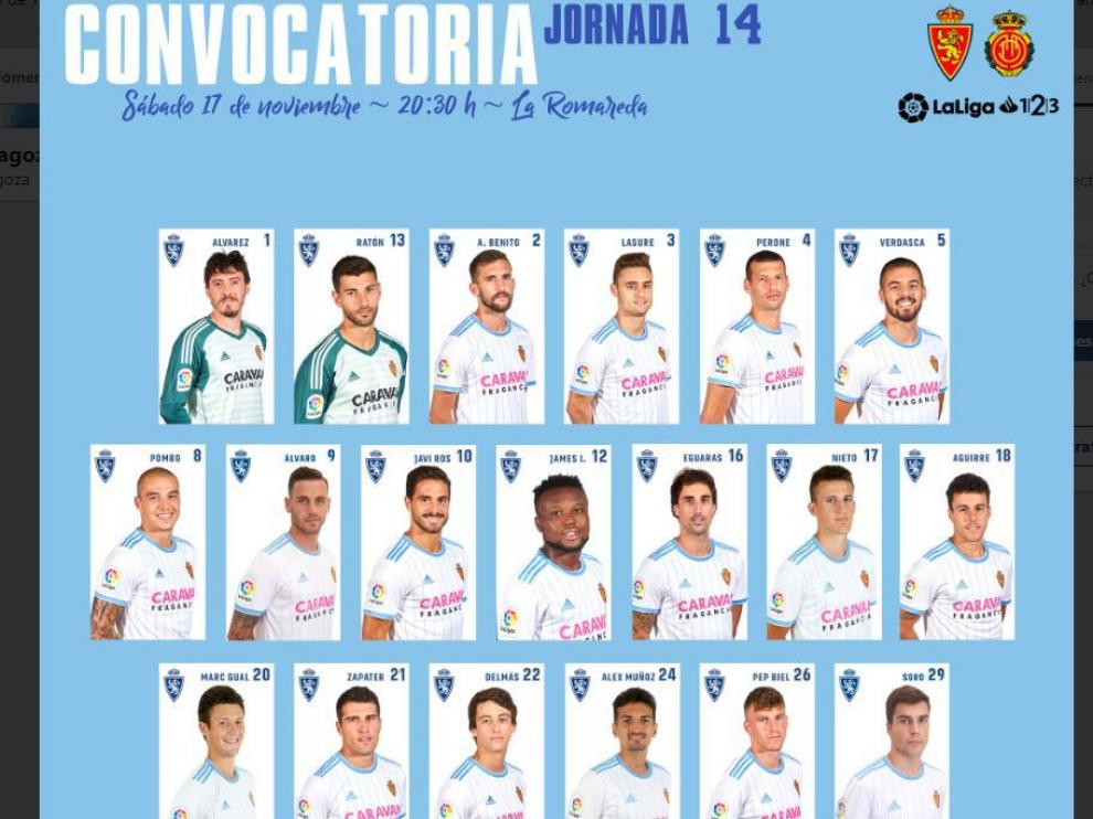Lista oficial del Real Zaragoza ante el partido frente al Mallorca.