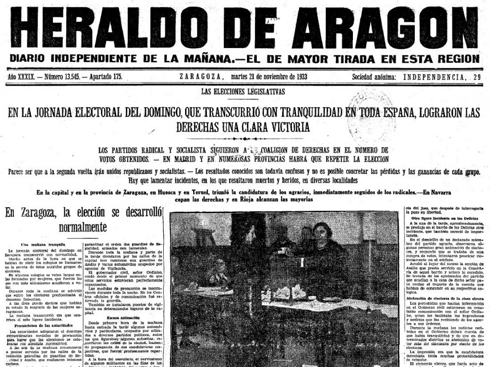 Portada de Heraldo el 20 de noviembre de 1933