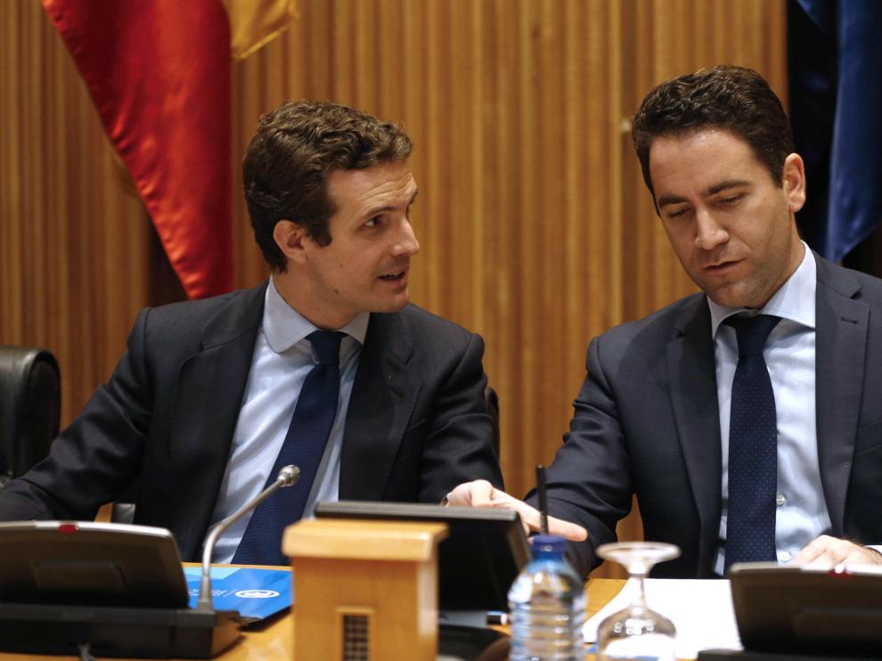 El presidente del PP, Pablo Casado, y el secretario general Teodoro García Egea.