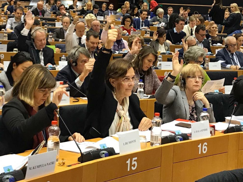La eurodiputada aragonesa Inés Ayala (PSOE), este jueves, en la votación de la enmienda de apoyo al ferrocarril de Teruel.