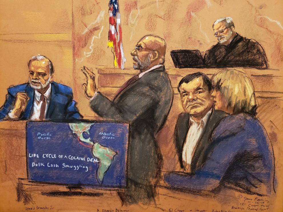Imagen de un dibujo realizado durante el juicio de 'el Chapo'