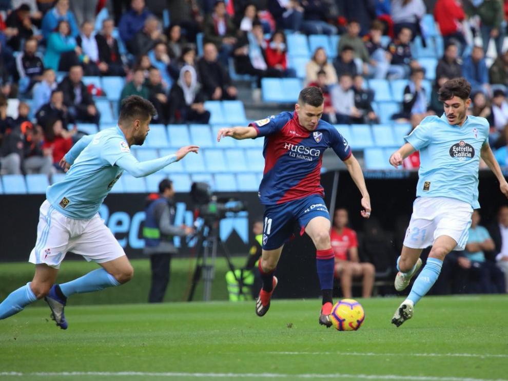 Gallar, del Huesca, en el partido contra el Celta.