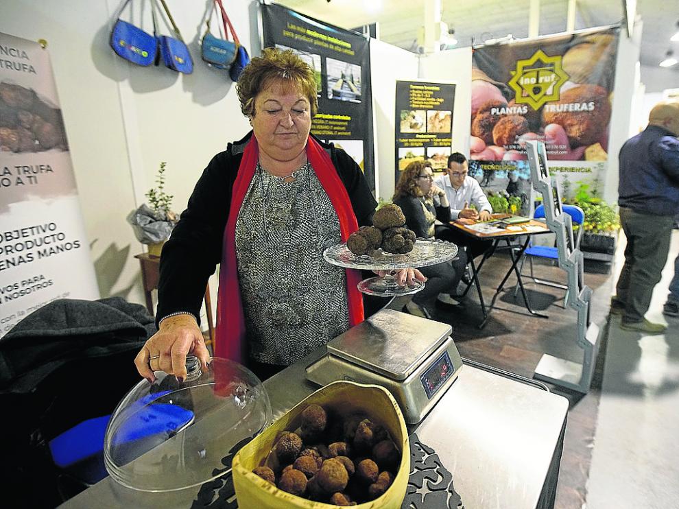 Una expositora muestra las trufas recolectadas en la presente cosecha en Fitruf.