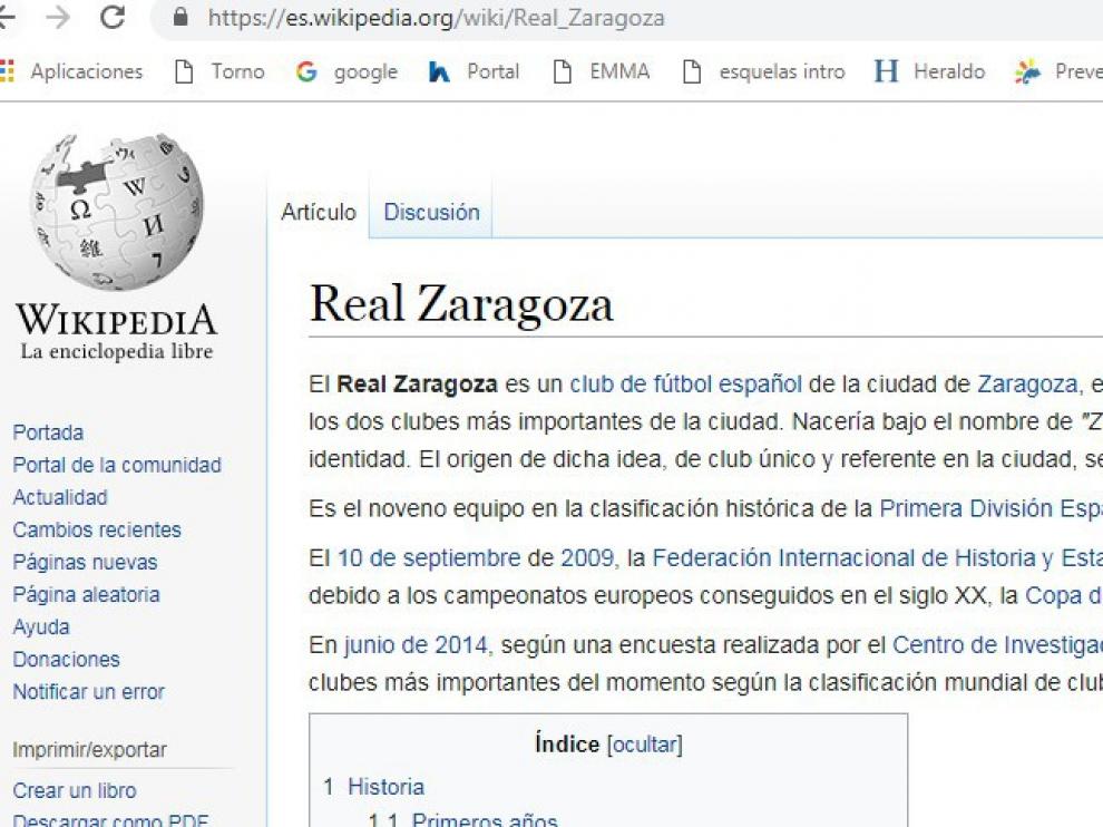 Gerard Piqué figura como presidente del Real Zaragoza en Wikipedia.