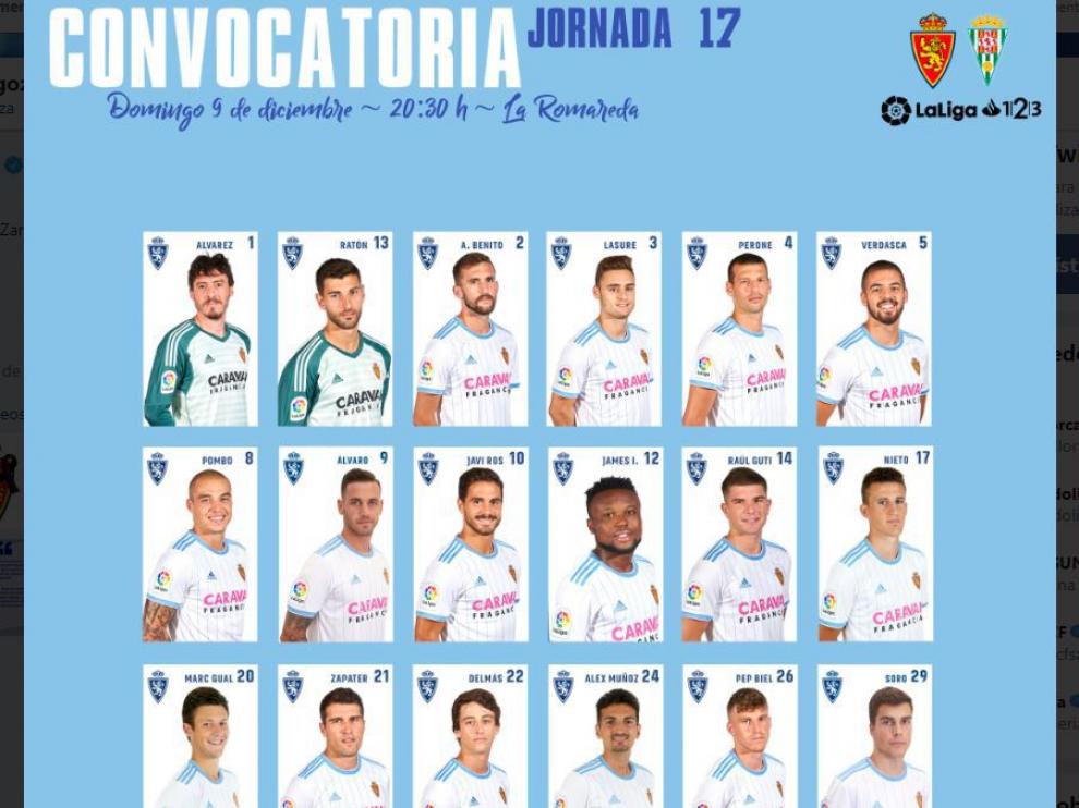 Lista oficial de 18 convocados del Real Zaragoza para el partido de este domingo ante el Córdoba en La Romareda.