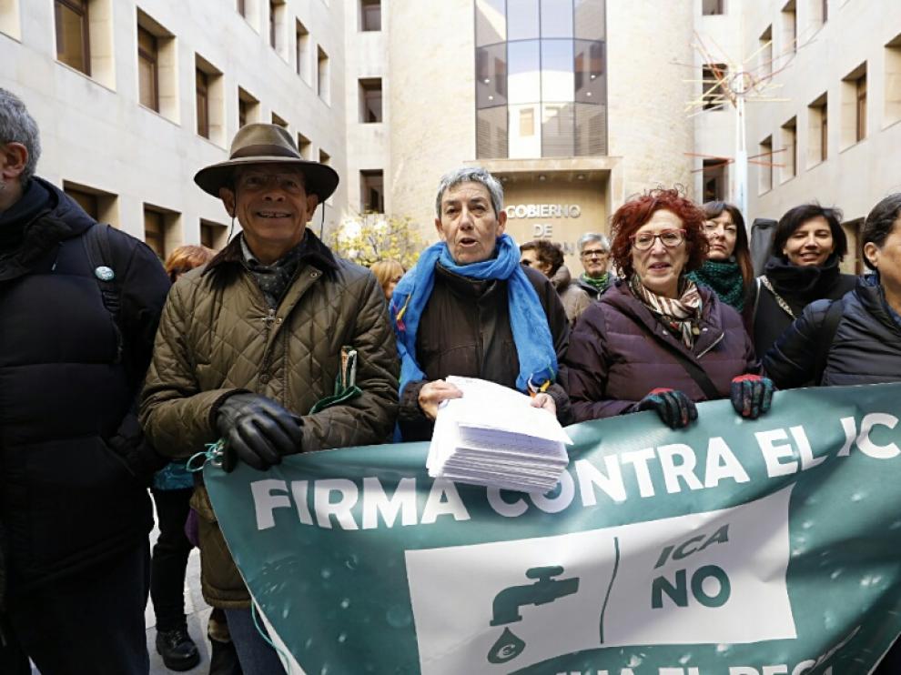 La presidenta de la RAPA, Maribel Torrecilla, con parte de las 10.200 firmas contra el ICA que ha presentado este viernes en la sede de la DGA