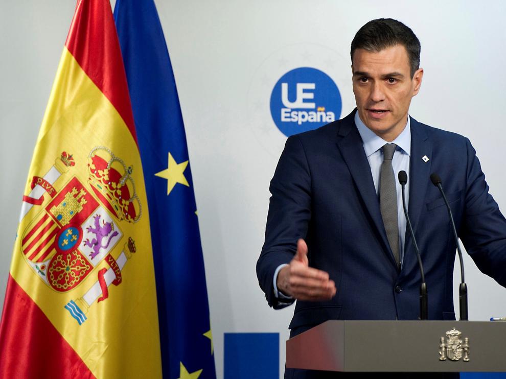 El presidente del Gobierno de España, Pedro Sánchez, durante la rueda de prensa ofrecida al término del Consejo Europeo de Bruselas.