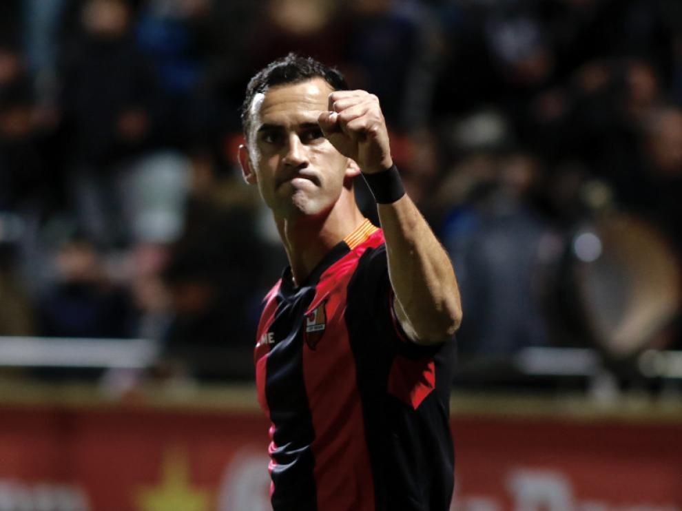 Miguel Linares celebra el gol marcado este sábado ante el Córdoba.