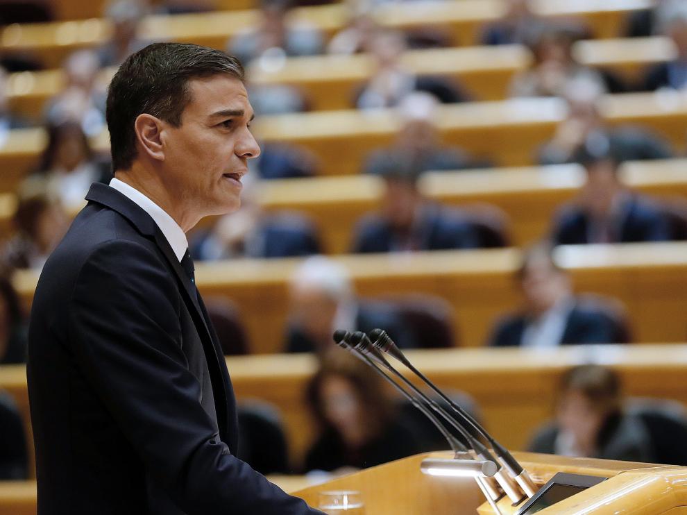 Pedro Sánchez durante su comparecencia en el Senado.