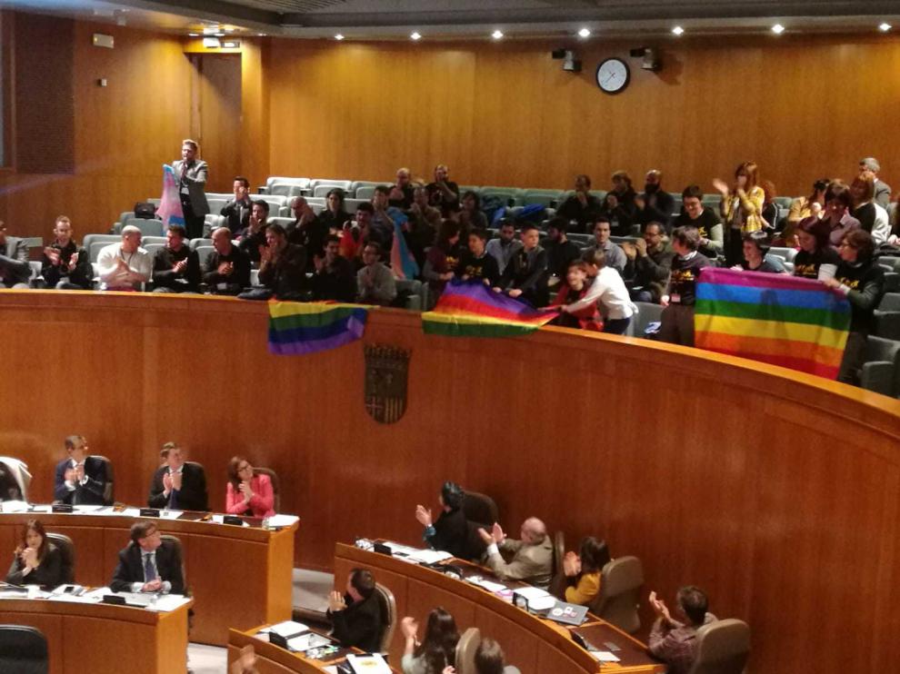 Los colectivos LGTBI han acogido la aprobación de la ley con aplausos y el despliegue de banderas multicolores en la tribuna de las Cortes.