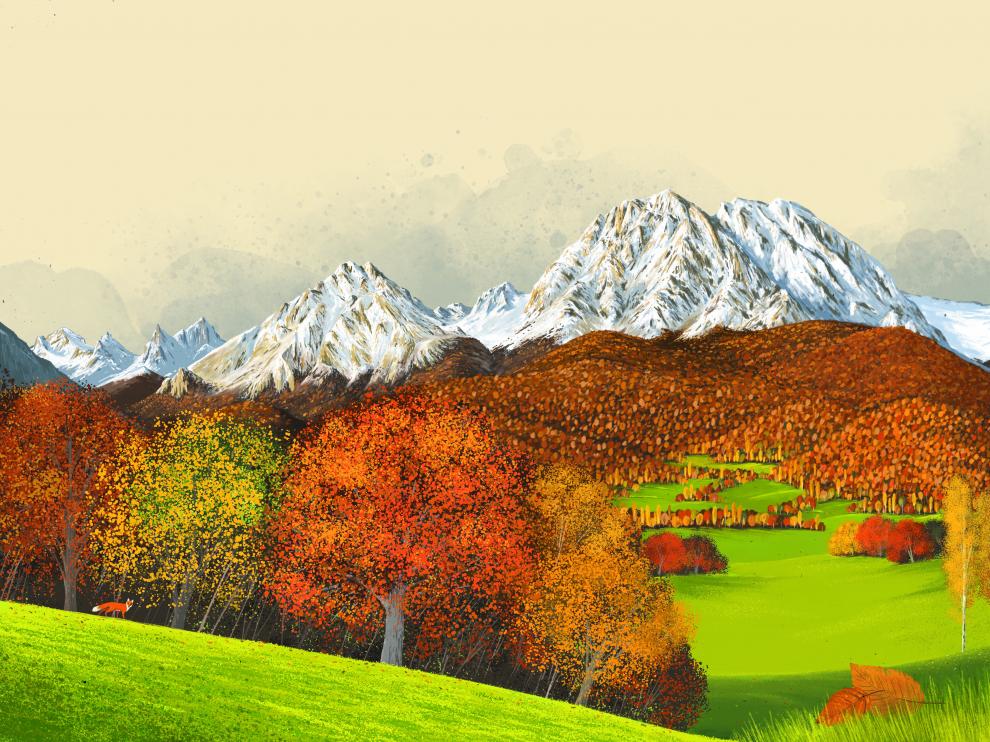 Un paisaje pirenaico de Saúl Irigaray para el cuento 'Chindarana', basado en un cuento indio.