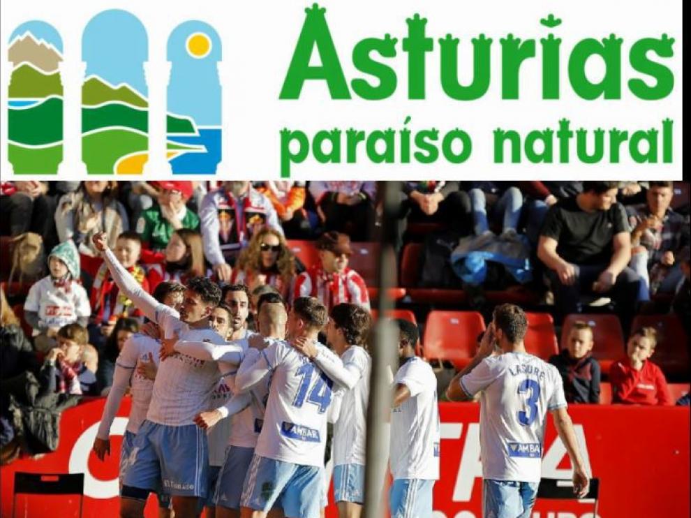 Celebración del 1-1 del Real Zaragoza en Gijón este sábado en El Molinón, logrado por Álex Muñoz. Encima, el logo oficial de la marca 'Asturias, paraíso natural', del gobierno autónomo del Principado.