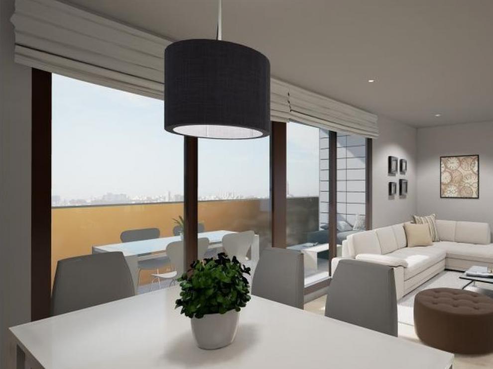 El salón con terraza de una de las viviendas de Azud del Ebro Residencial.