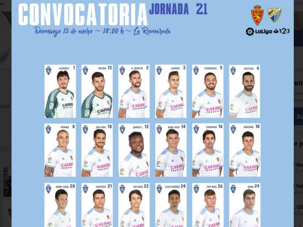 Lista de 18 convocados del Real Zaragoza para enfrentarse al Málaga.