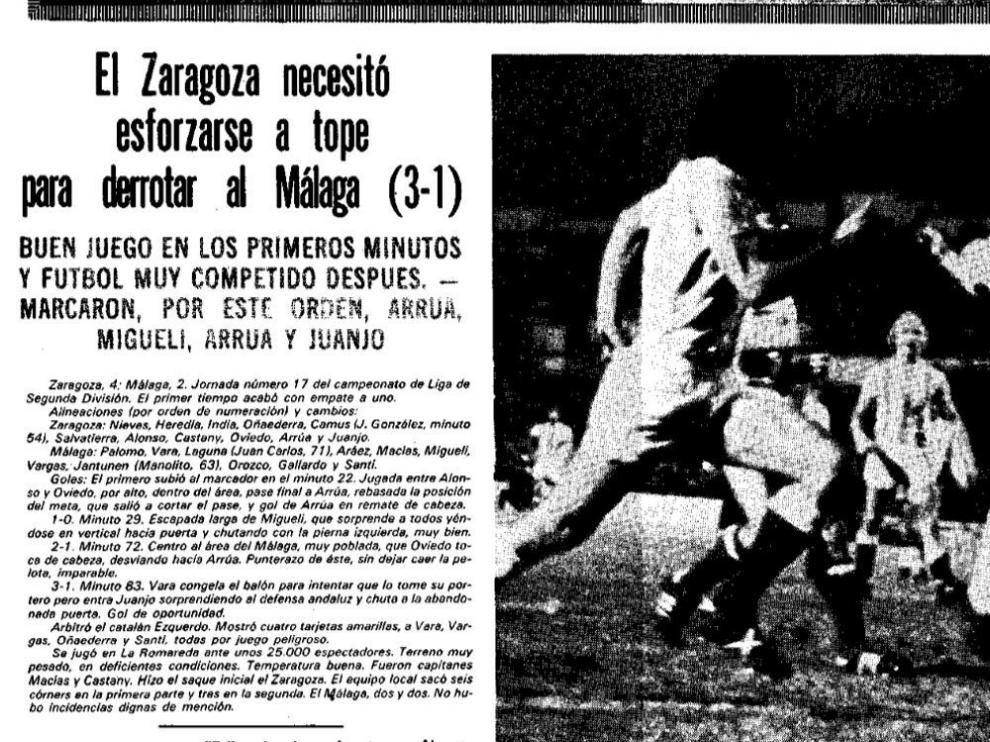 Ficha técnica de la crónica de HERALDO DE ARAGÓN del Real Zaragoza-Málaga de 1977.