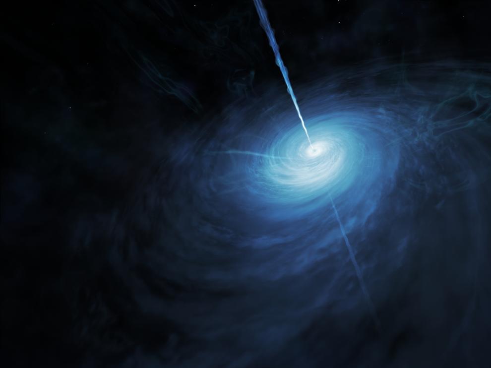 Recreación artística de J043947.08+163415.7, el cuásar más brillante avistado en el Universo más joven