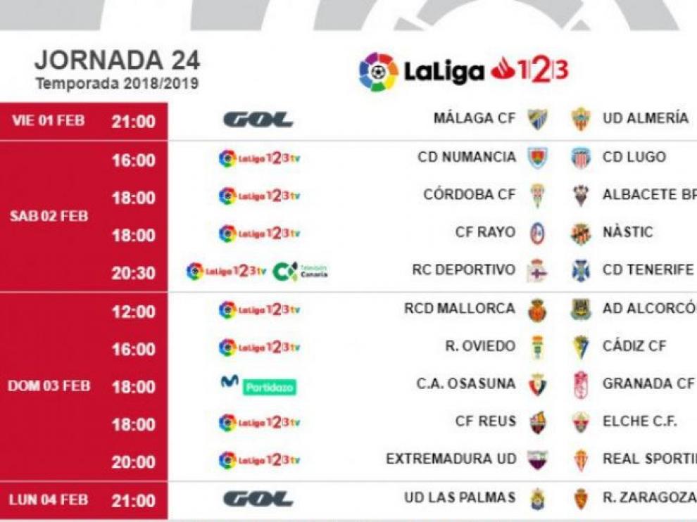 Horarios de la 24ª jornada de Segunda División, en la que el Real Zaragoza jugará en Las Palmas.