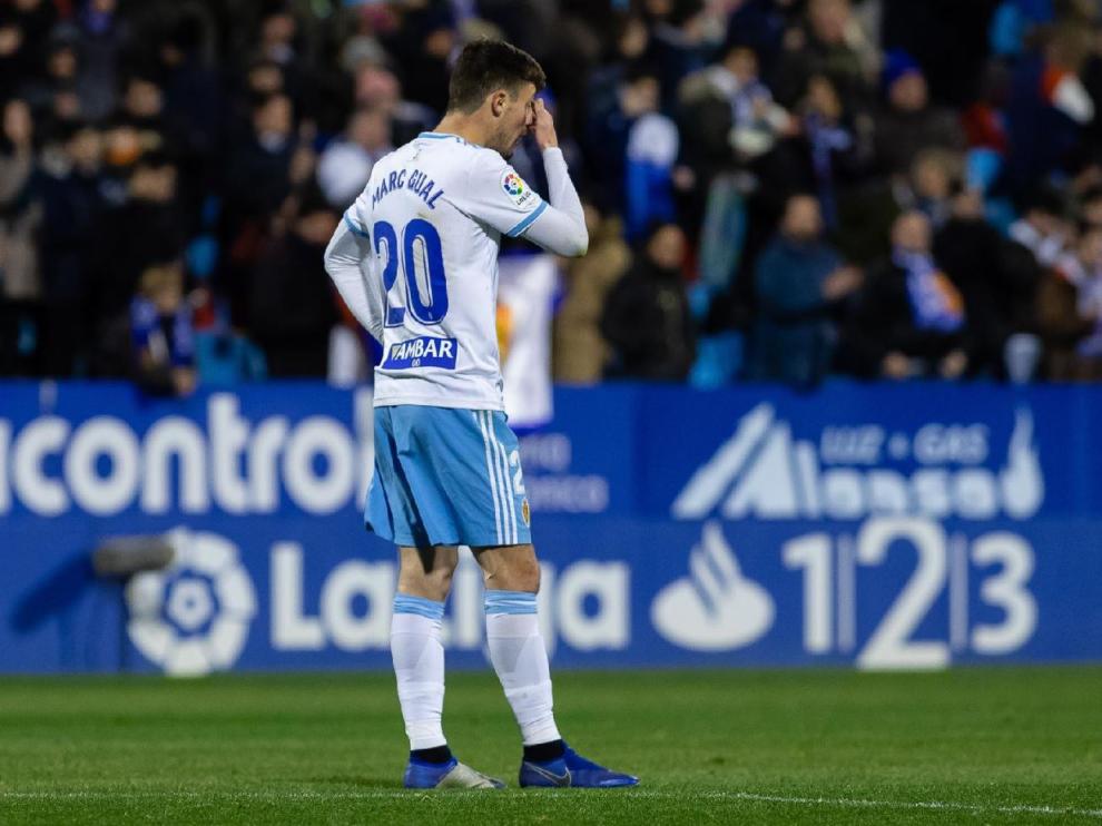 Marc Gual, lloroso, a la conclusión del partido Real Zaragoza-Málaga el pasado fin de semana.