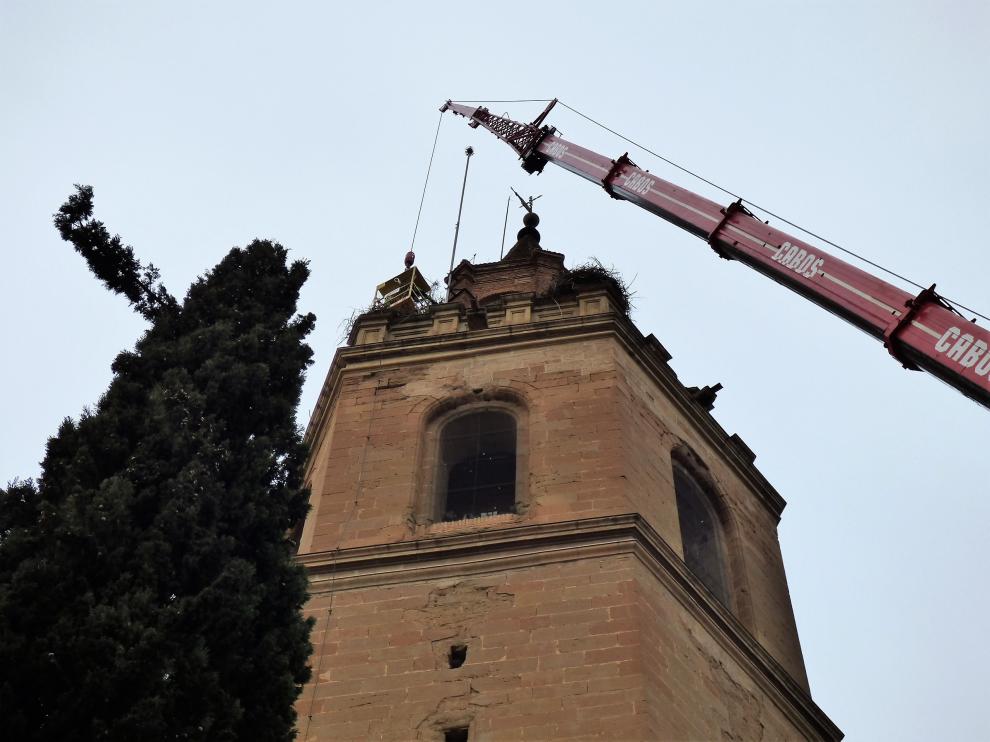 Trabajos de retirada de los nidos de cigüeña de la torre de la catedral de Barbastro.