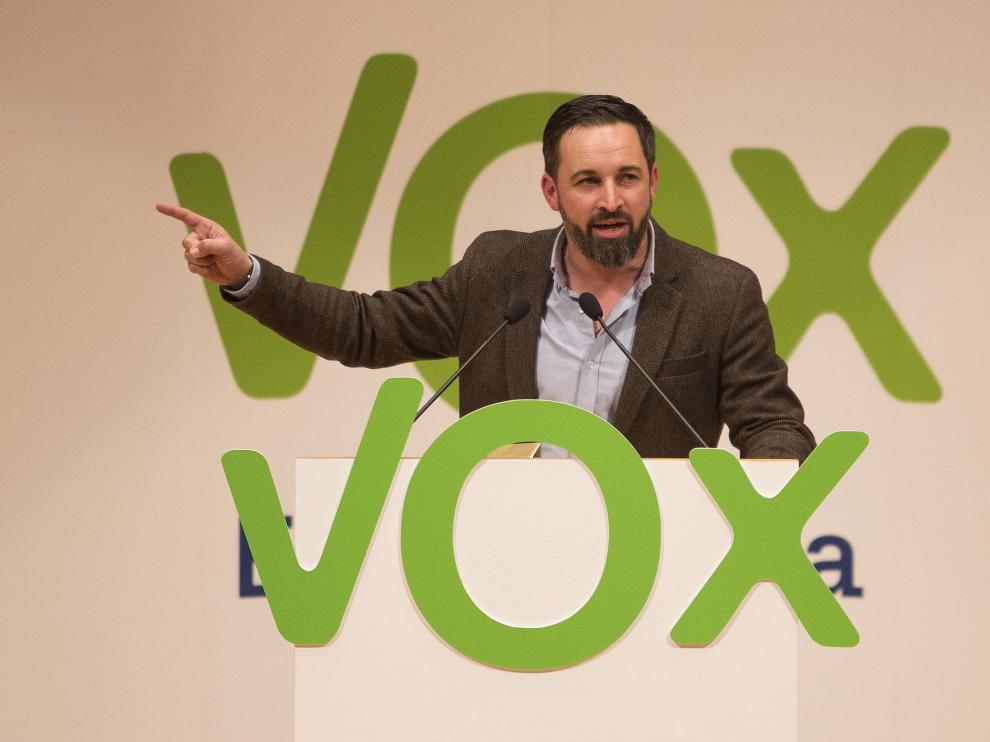 El líder de Vox, Santiago Abascal, durante un mitin el pasado 17 de enero en Zaragoza.