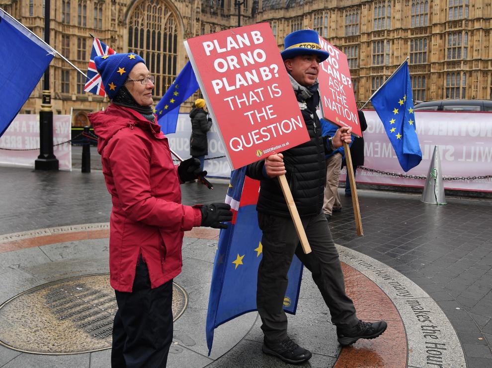 Activistas en contra del 'brexit' se concentran ante el Parlamento británico en Londres.