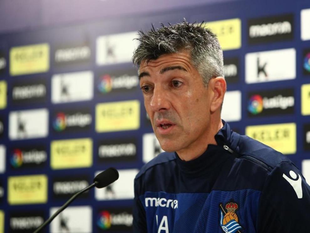 Imanol Alguacil, técnico de la Real Sociedad, en la rueda de prensa previa al partido con la SD Huesca
