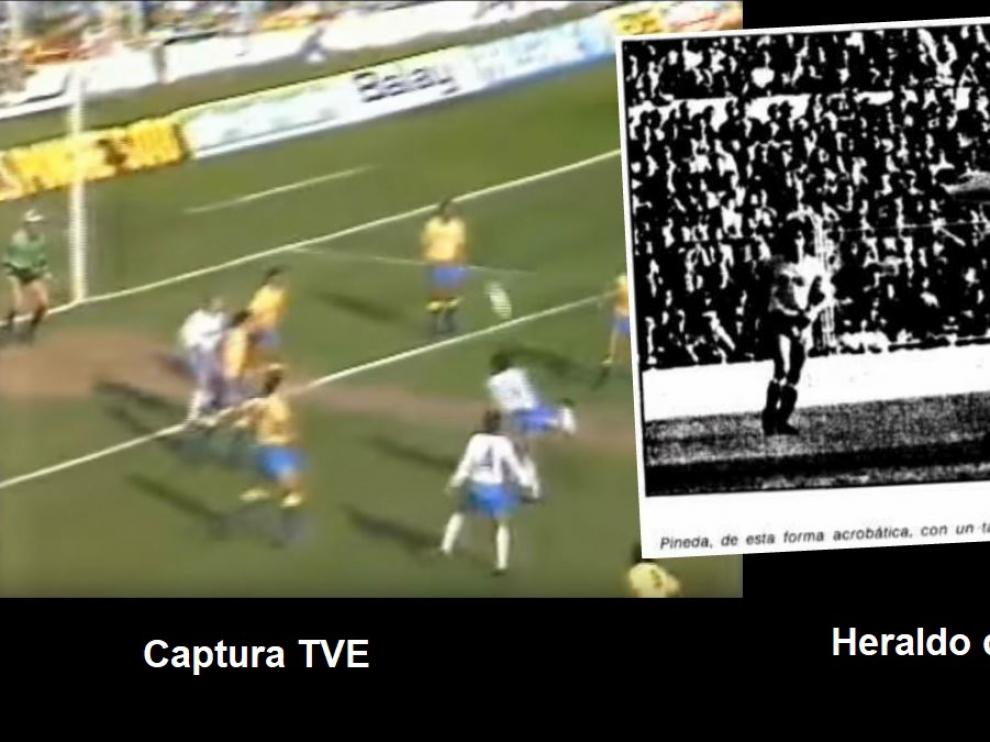 A la izda., la captura de las imágenes de Televisión Española que recogieron el golazo de Pineda, de espuela, en marzo de 1986. A la dcha., la fotografía con el instante del golpeo del balón que publicó HERALDO el día siguiente del partido, destacando su belleza.