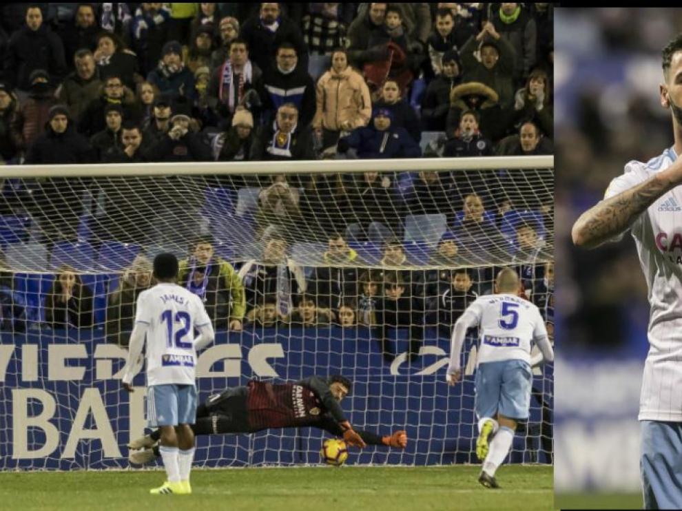 Cristian Álvarez (izda.) detiene el penalti lanzado por Alanis en el minuto 61 con 0-0. A la dcha., Álvaro Vázquez celebra la consecución del 1-0, en el minuto 75.