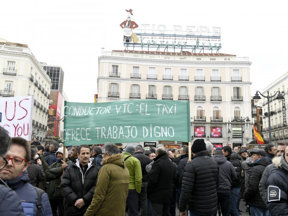Manifestación de los taxistas en la Puerta del Sol.