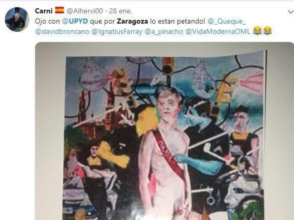 Tuit en el que se ve el panfleto distribuido por Zaragoza.