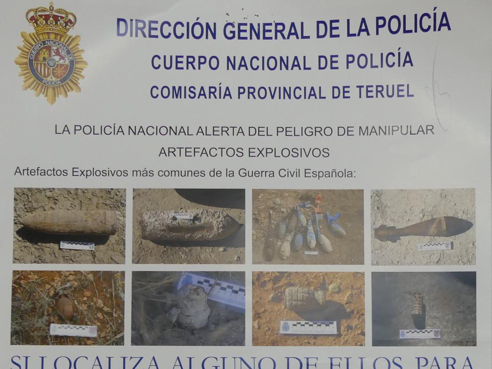 Cartel informativo de la Policía sobre explosivos de la Guerra Civil.